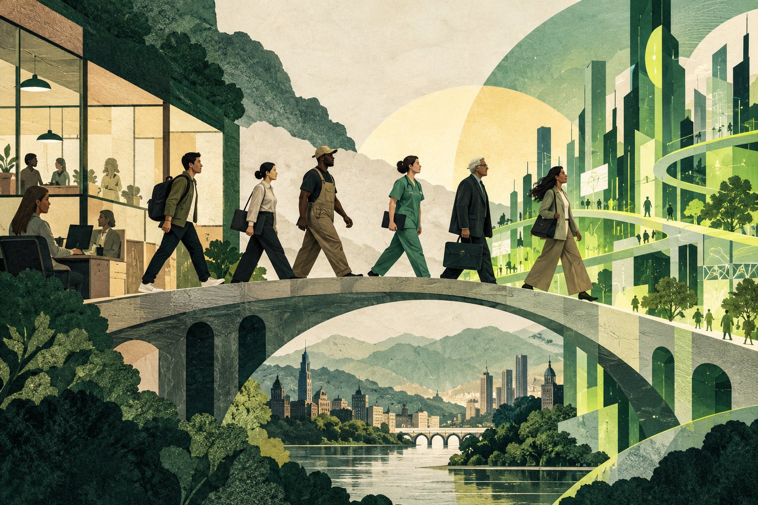 Workers cross a bridge from a traditional workplace toward a digital city.
